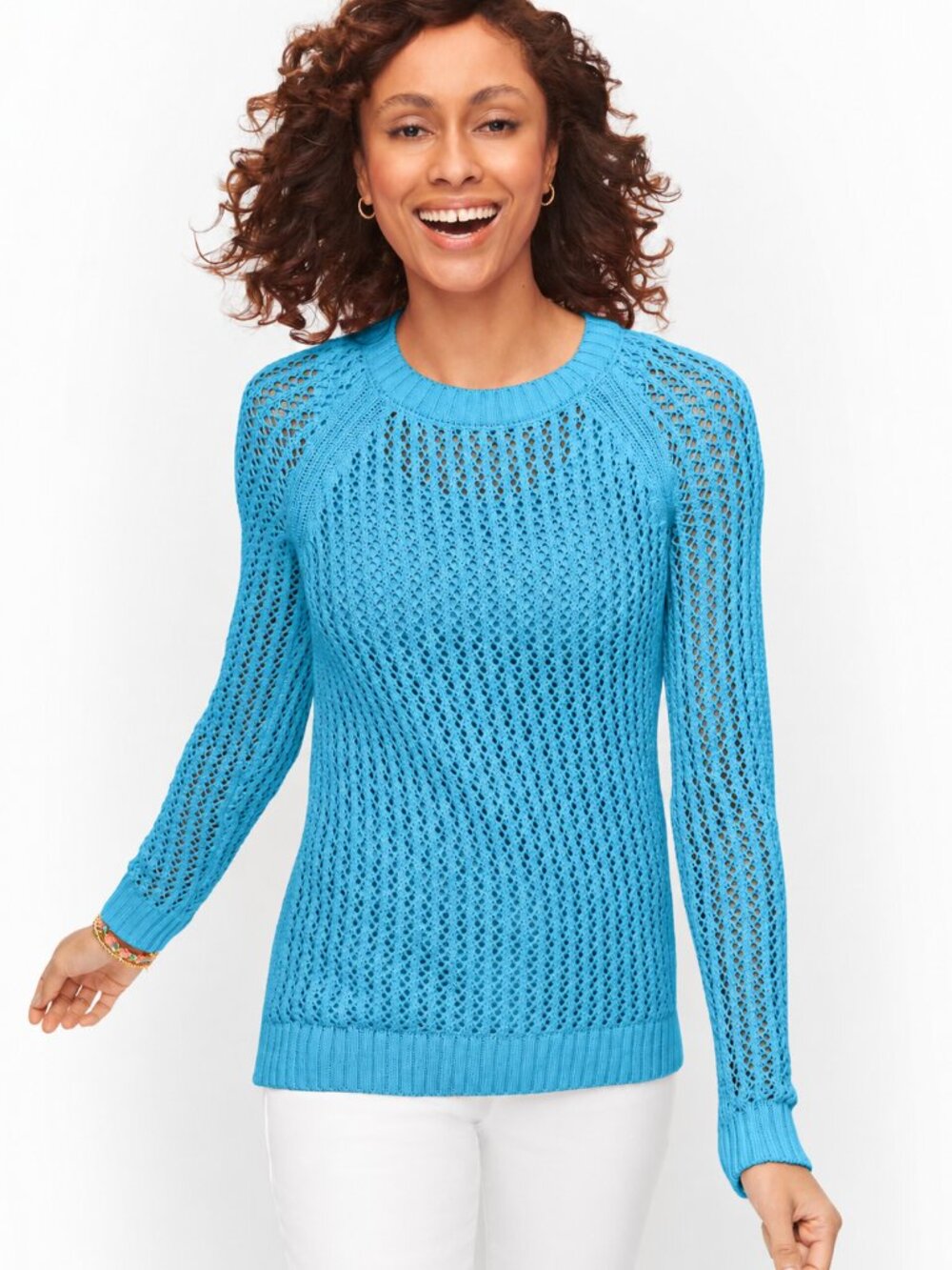 Talbots Open Stitch Raglan Sweater S Turquoise Blue 100% Cotton